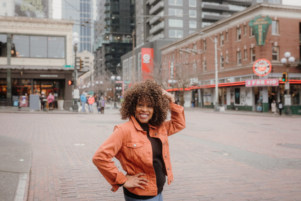 Diesta at Pike Place Market posing in the middle of the street!